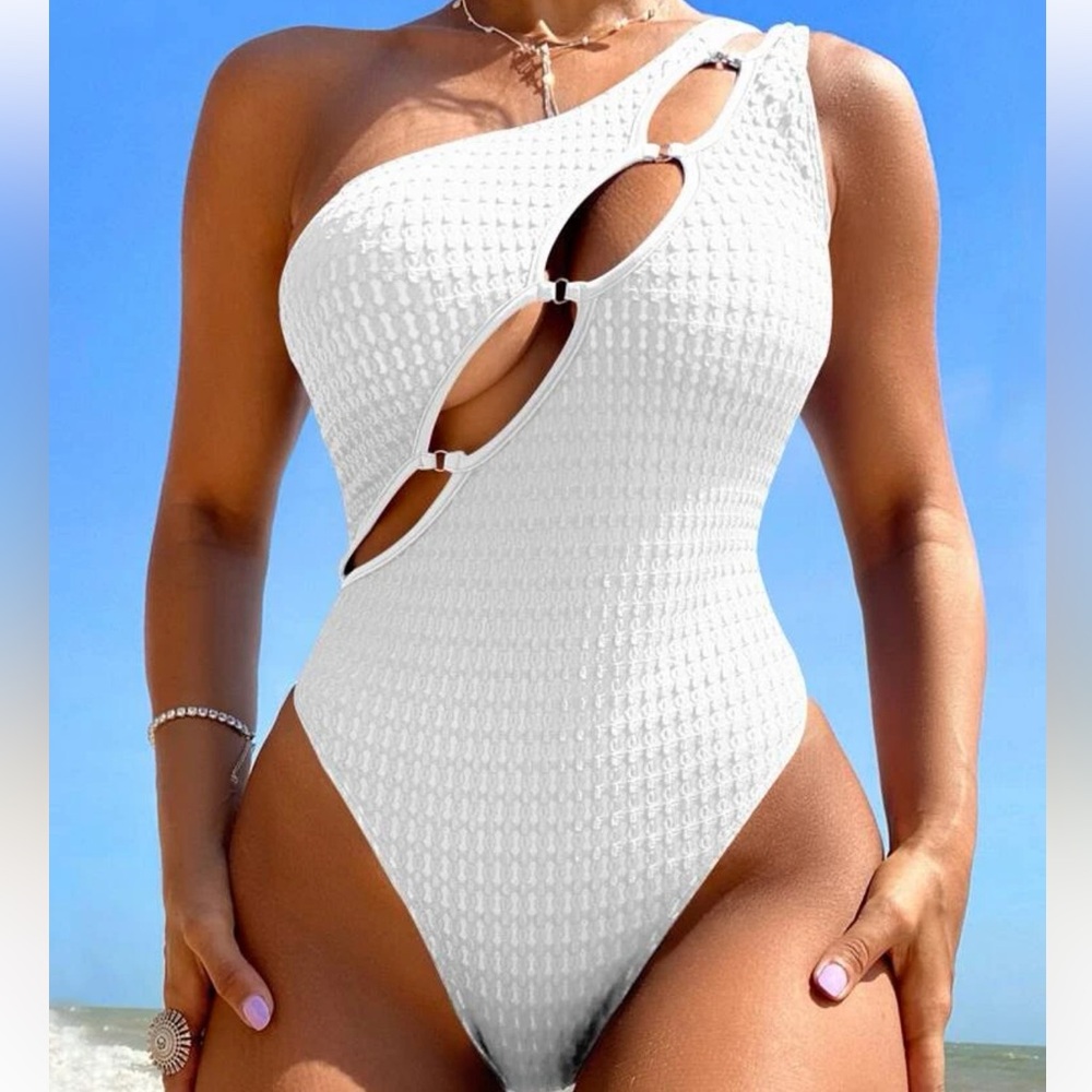 SHEIN white open front one shoulder one piece